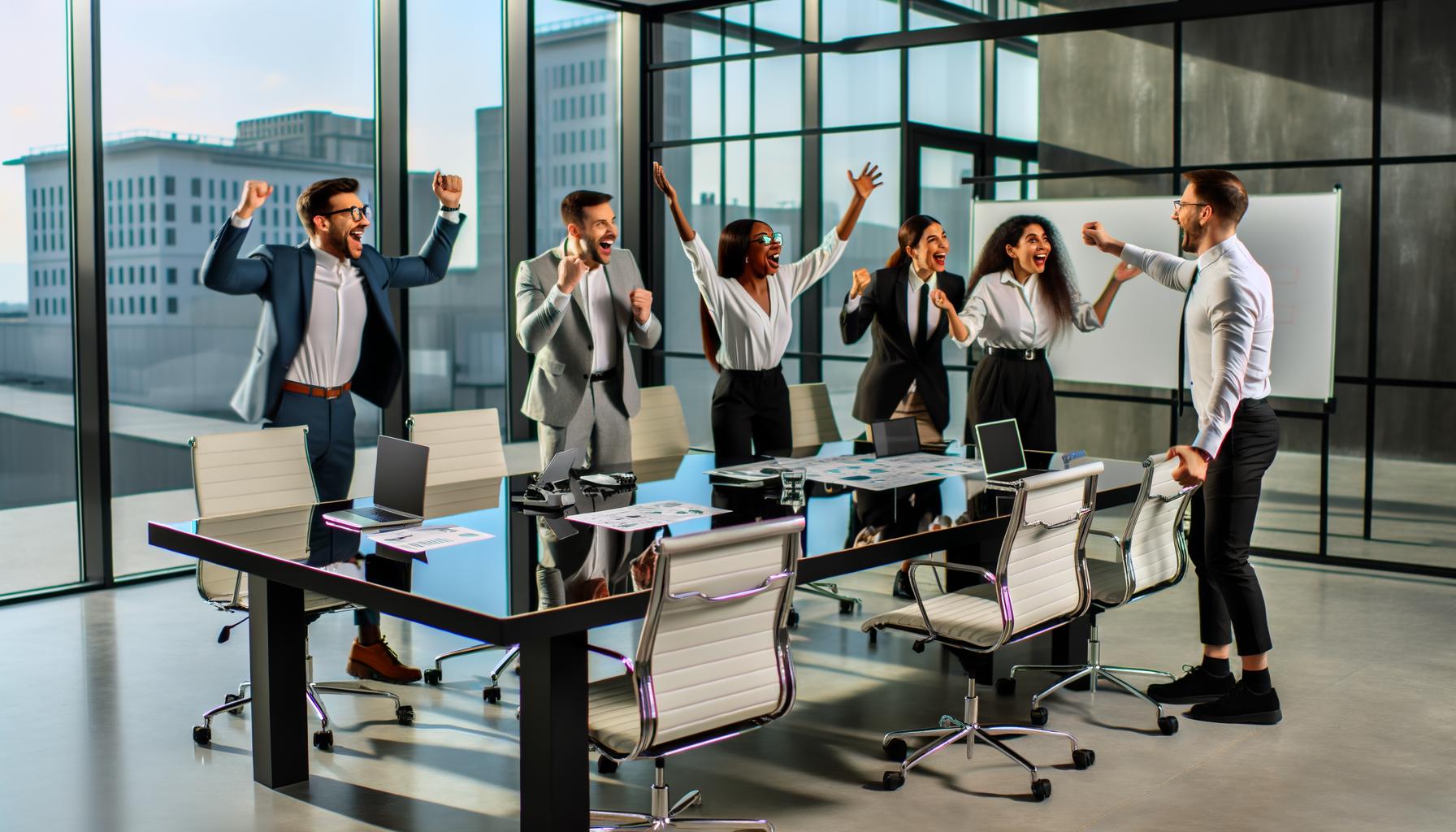 a group of excited USA executives celebrating around a conference table in a modern office space-1