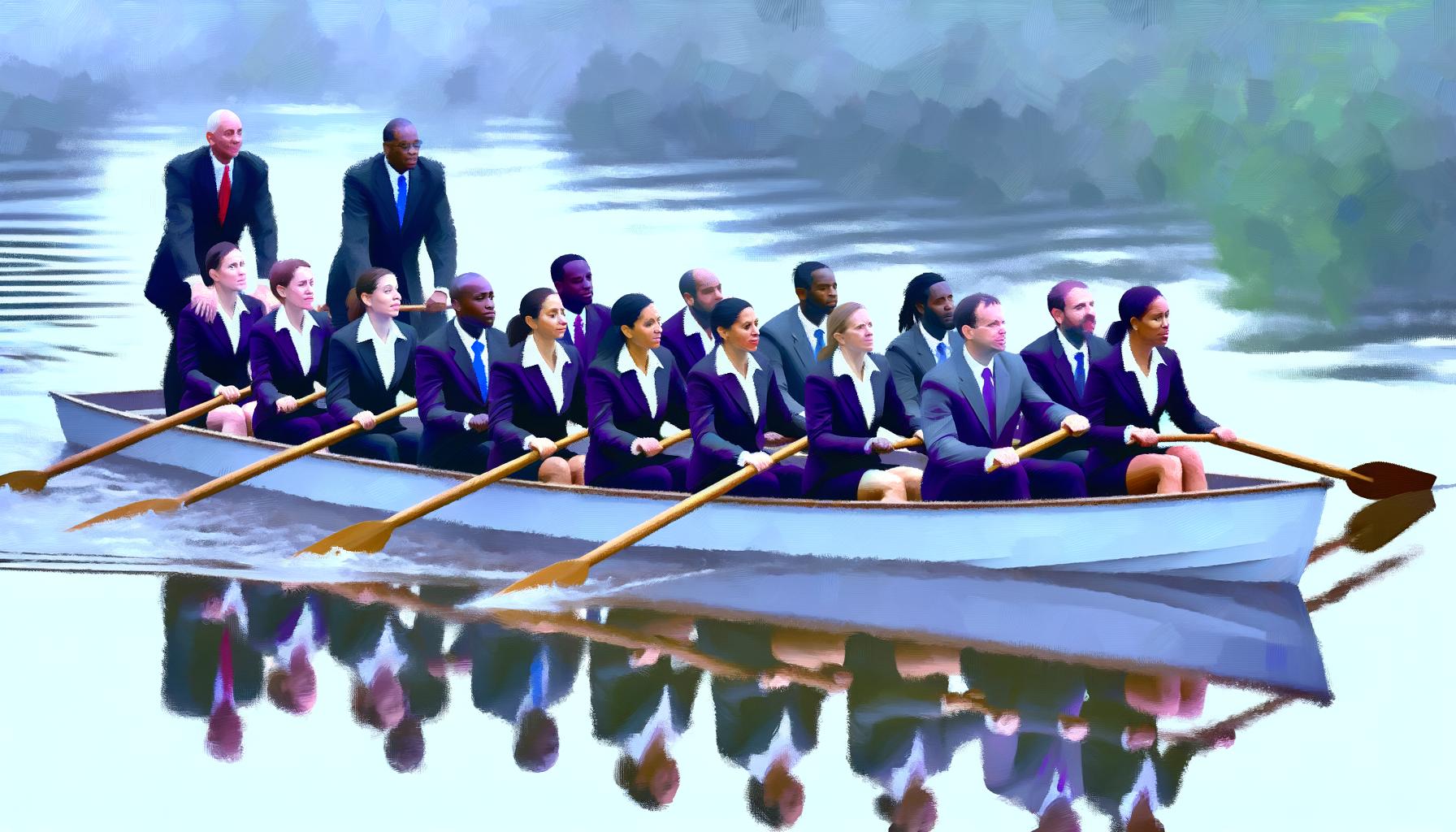 executives rowing in a boat