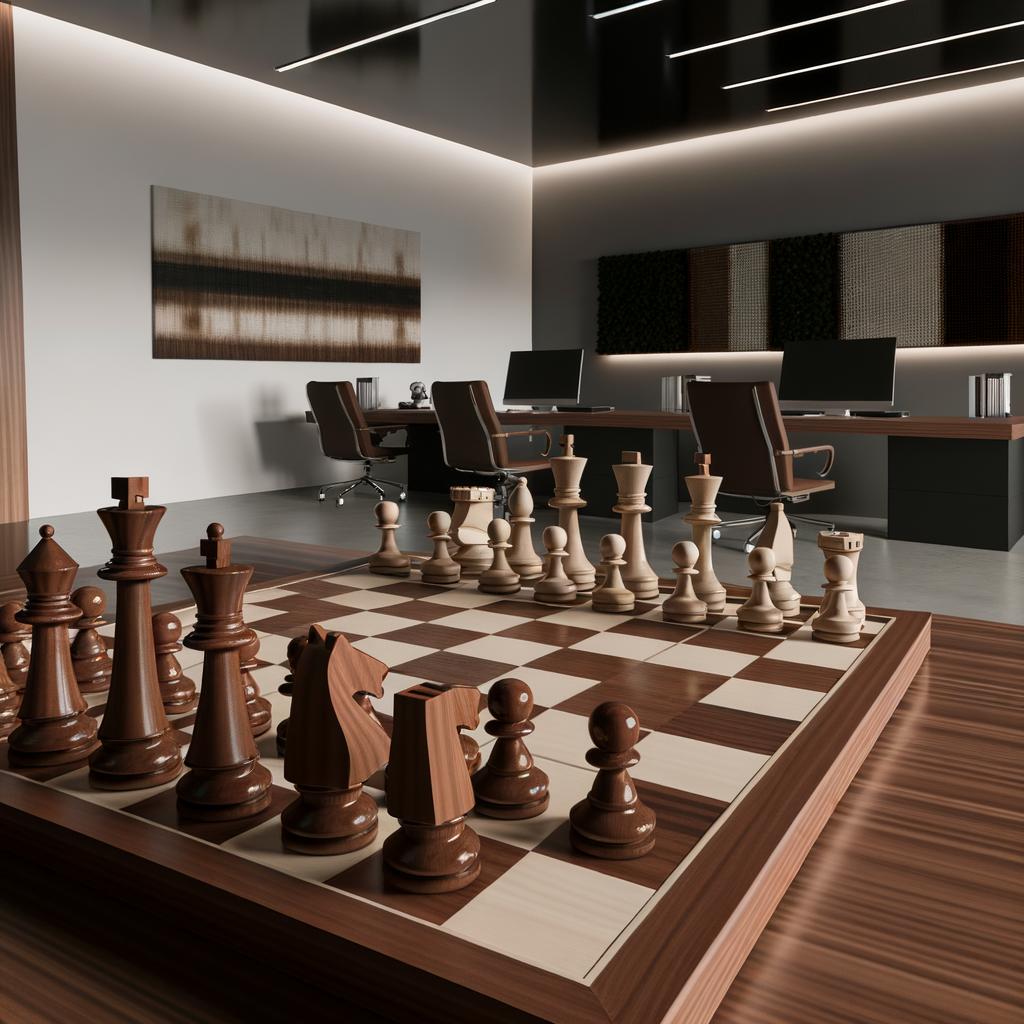 show a chess board up close in a modern office space-1