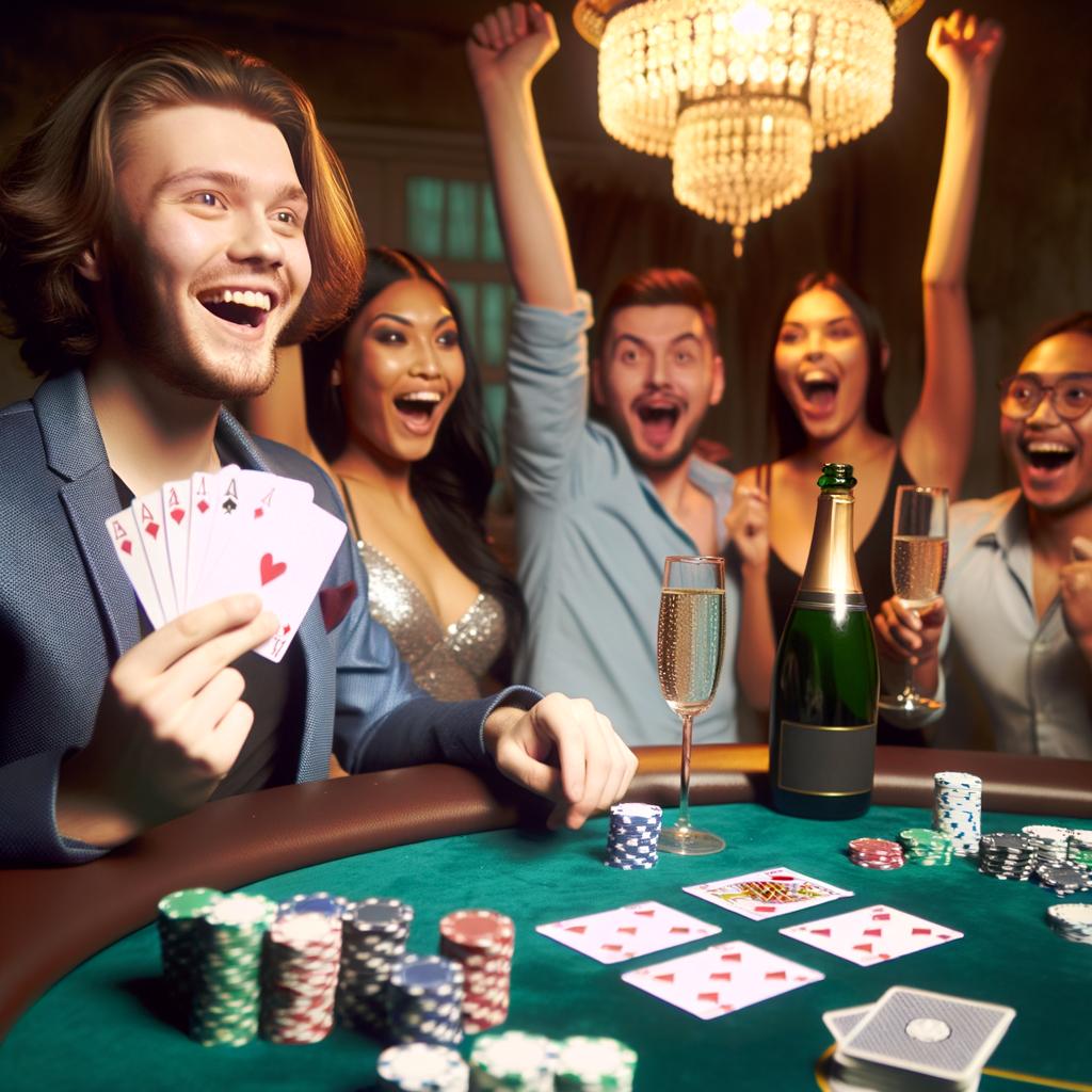 winning at poker and celebrating with friends